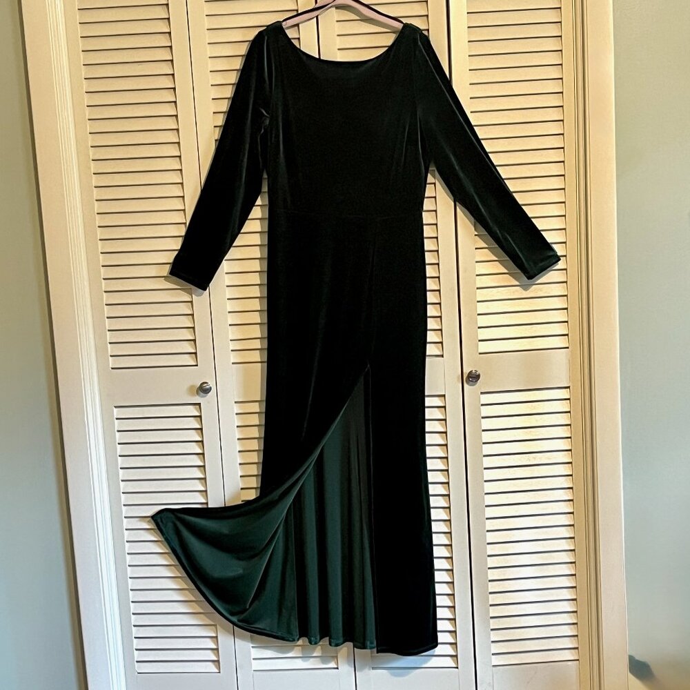 Rebecca B Velvet Long Sleeve Low Cowl Back Maxi Dress Gown * Sz 14 * Deep Green